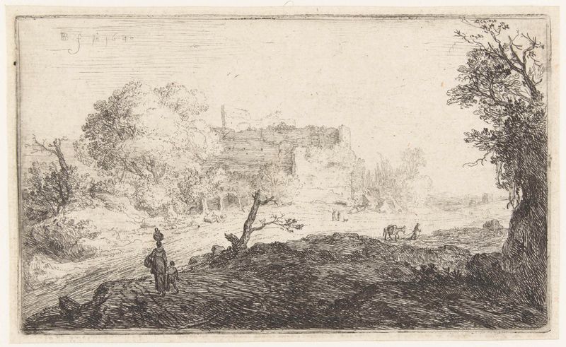 Grabado de Bartholomeus Breenbergh que muestra a una madre y su hijo cerca de las ruinas del Coliseo