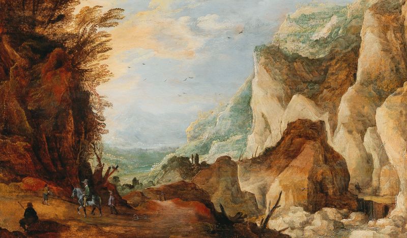 A mountainous landscape with travellers, oil on panel by Joos de Momper