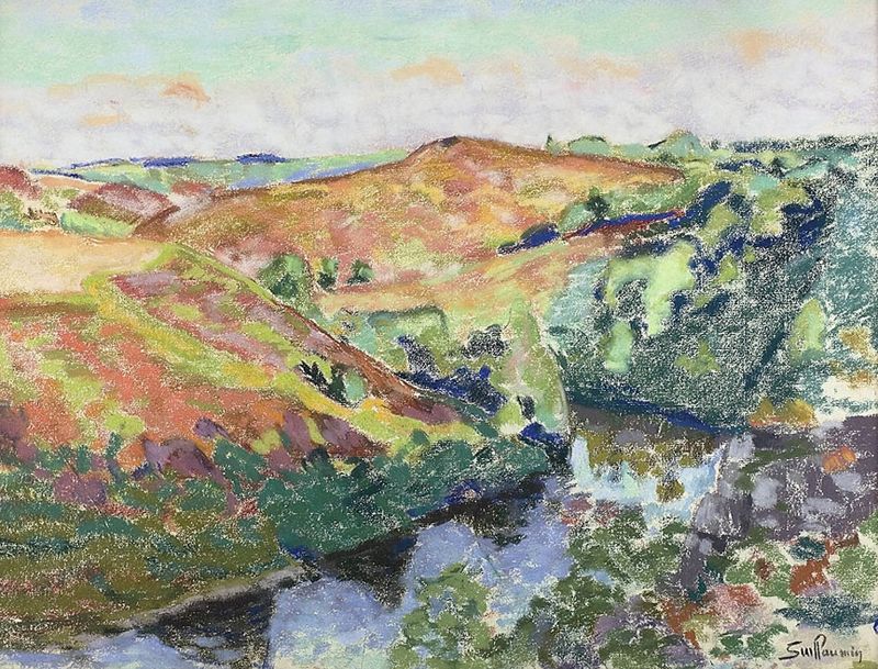 Landscape in Crozant by Armand Guillaumin, oil painting depicting hills and a river.