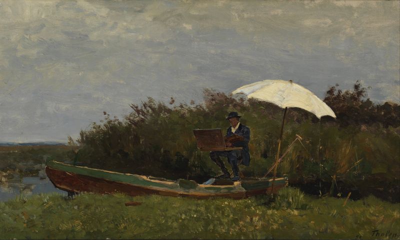The Painter Gabriël Working in a Boat by Willem Bastiaan Tholen, oil painting of a figure in a boat on calm waters.