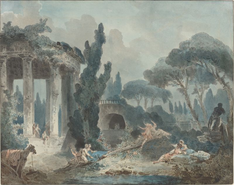 El Balancín de Seguidor de Hubert Robert, óleo sobre lienzo que muestra a niños jugando en un balancín.