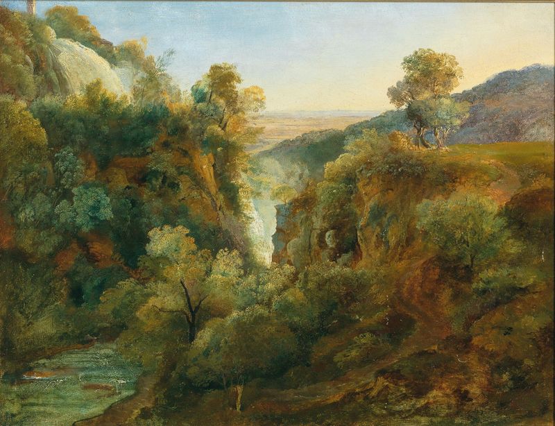 Escena de cascada de Johann Nepomuk Rauch, pintura al óleo que representa la naturaleza y la luz del sol.