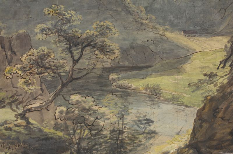 River Landscape de Johann Georg von Dillis, pintura al óleo que muestra un río sereno bajo un cielo radiante.