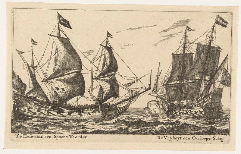 Grabado de Unknown Artist que muestra barcos navegando en el agua, 1652 - 1714