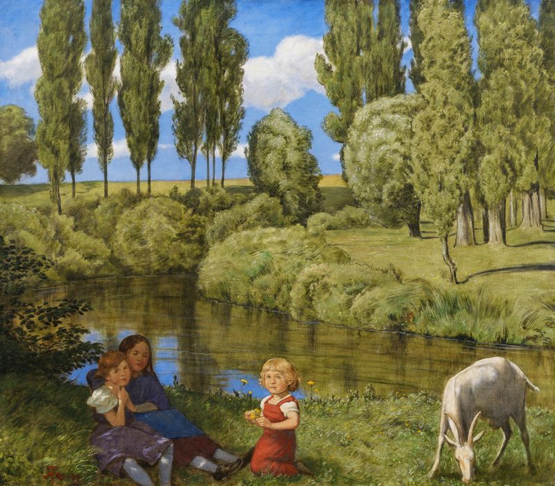 Oil painting by Hans Thoma depicting a figure by a brook in a tranquil landscape.