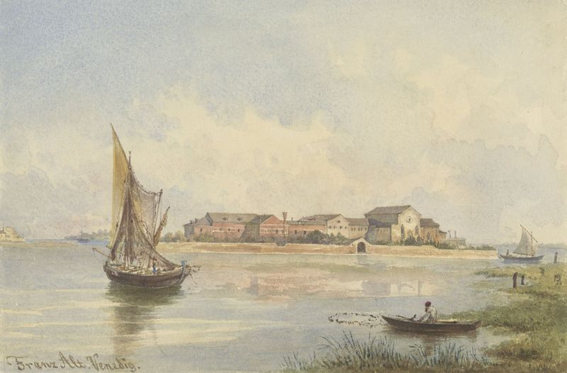 Gezicht op de Lagune te Venetië by Franz Alt, oil on canvas depicting a tranquil lagoon with reflections.