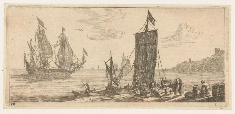 Gravura de Reinier Nooms mostrando um navio de guerra em uma baía com reflexos.