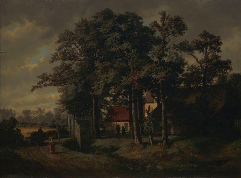 Farm in Merksem de Gustave Louis Marie Piéron, óleo sobre tela que retrata campos ensolarados e paisagem rural.