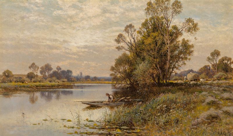 The Thames above Sunbury, oil on canvas by Alfred Augustus Glendening, depicting a serene river at twilight.