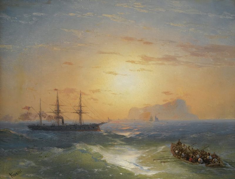 Shipping Off Ischia, oil on canvas by Ivan Konstantinovich Aivazovsky, featuring boats sailing at sunset.