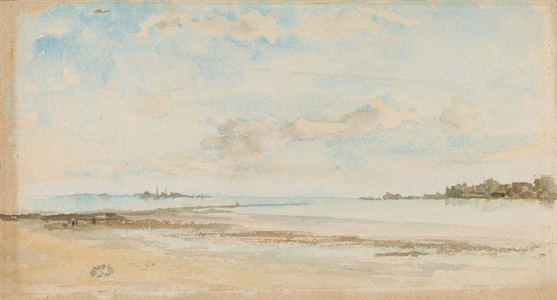 Retrato de uma figura em suaves tons azuis e matizes opalescentes, óleo sobre tela de James Abbott McNeill Whistler.
