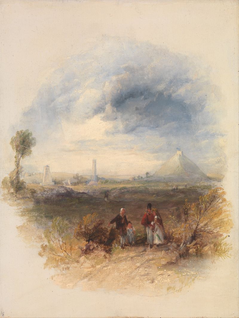 Waterloo by Thomas Creswick, oil on canvas depicting a lush landscape with a battlefield.