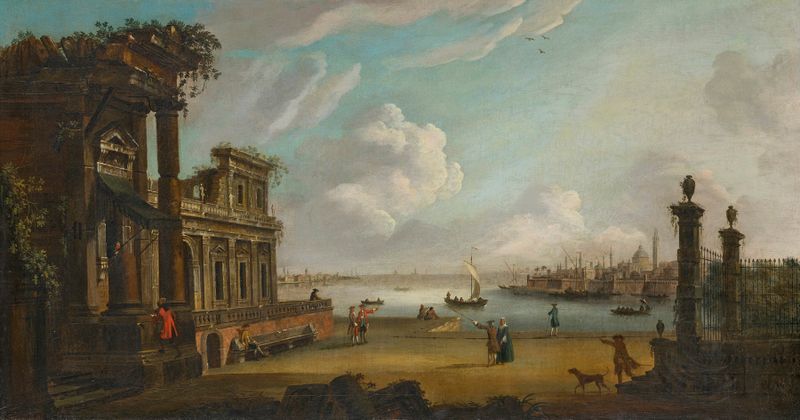 A capriccio of a Mediterranean port, óleo sobre tela de Thomas Patch