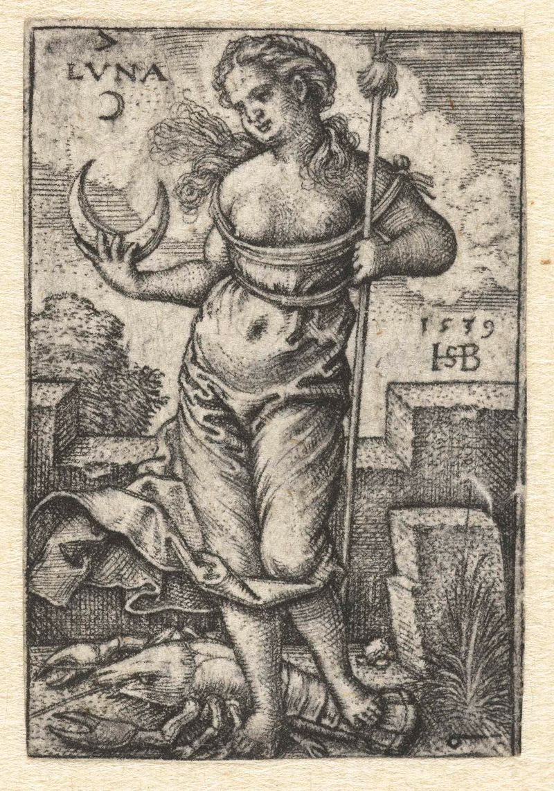 Grabado de Diana por Hans Sebald Beham, con una figura femenina en un cielo estrellado.