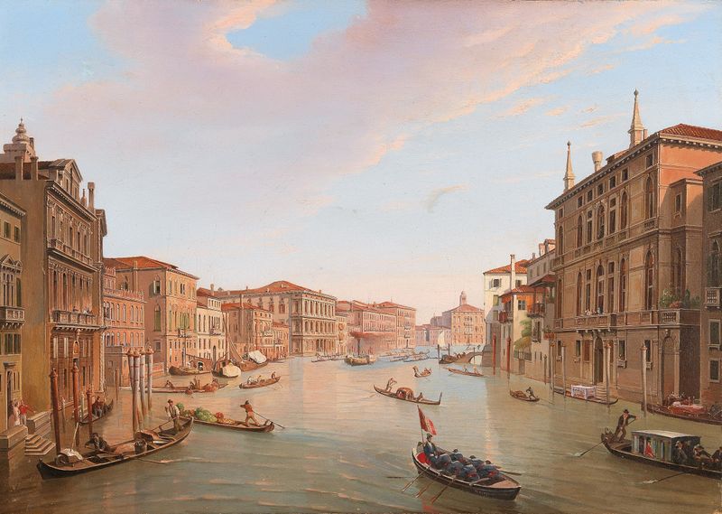 Venice, Grand Canal by Frans Vervloet, oil on canvas depicting twilight reflections on water.