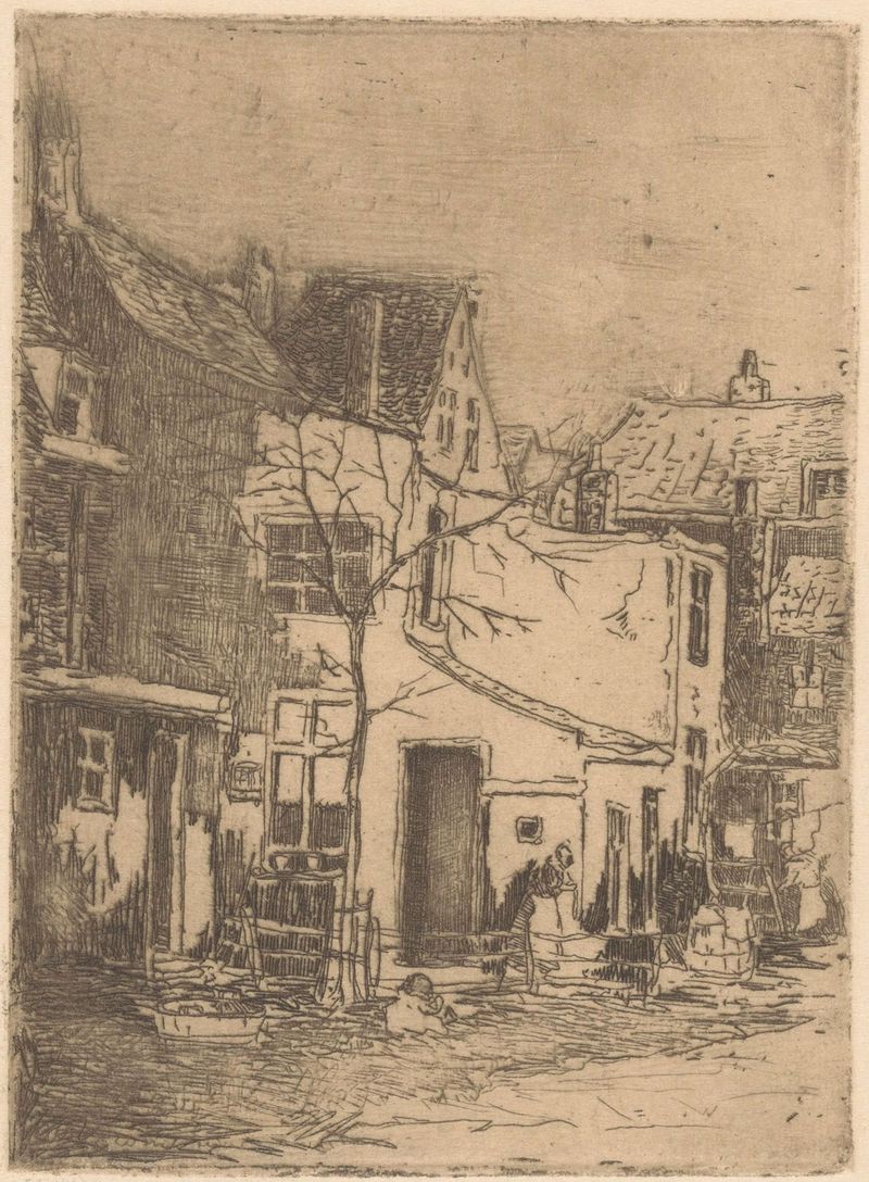 Huizen in Rijswijk by Willem Adrianus Grondhout, Impressionism, landscape with houses and sunset
