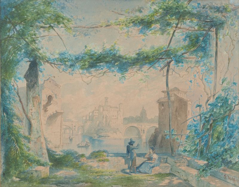 Paisagem italiana com um casal ao lado do rio, óleo sobre tela de Fritz Wolff