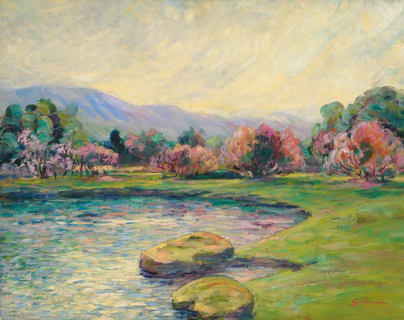Paysage de Armand Guillaumin, óleo sobre tela que retrata uma paisagem vibrante.