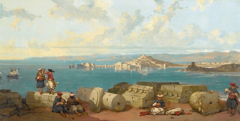 Paisagem de Sidon com luz dourada, montanhas e ruínas antigas de David Roberts