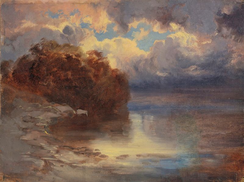Paisagem de um lago com árvores, pintura a óleo de Alexandre Calame