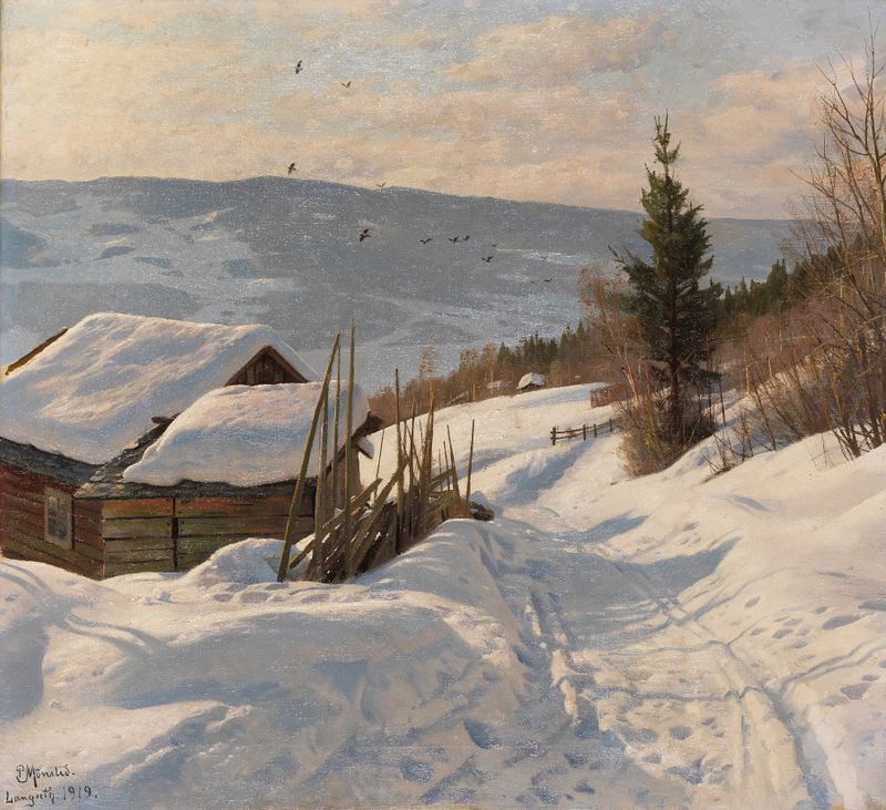 Paisagem de neve e árvores sob a luz do sol, pintura a óleo de Peder Mørk Mønsted