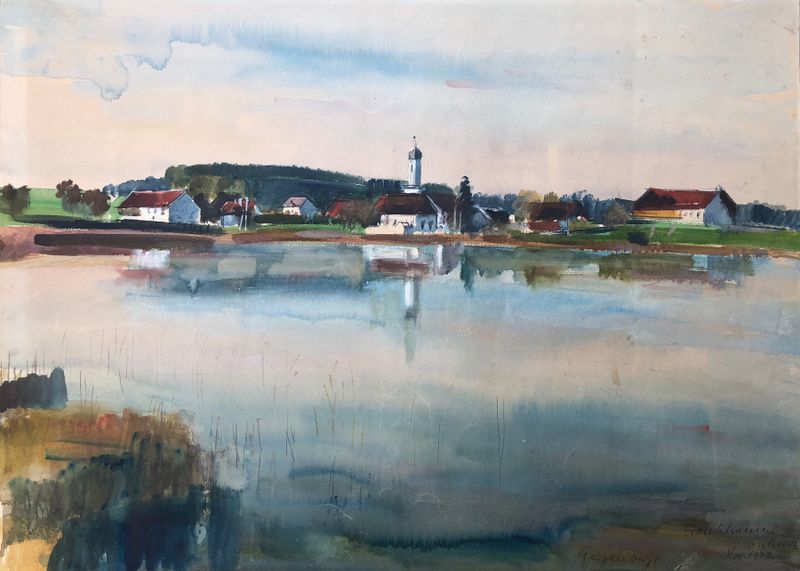 Pintura a óleo de paisagem por Otto Geigenberger com colinas e um céu vibrante