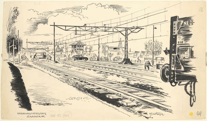 Paisagem retratando um cruzamento ferroviário com trilhos convergentes, de Maarten Oortwijn, 1952.