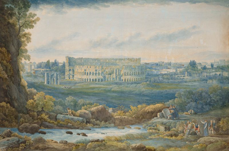 Watercolour by Abraham-Louis-Rodolphe Ducros depicting the Colosseum and Arch of Constantine with figures.
