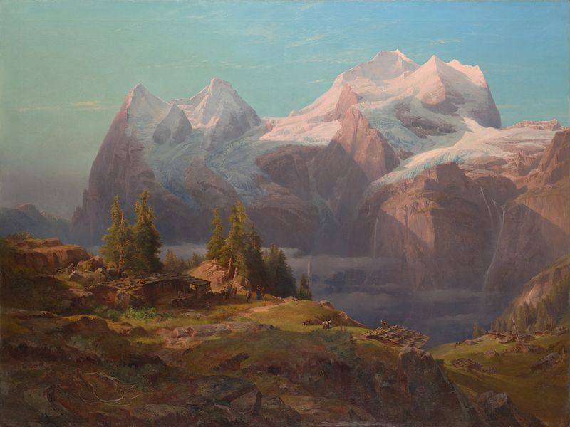Wengeralpe im Berner Oberland, pintura al óleo de Anton Hansch, con las montañas Eiger, Mönch y Jungfrau.