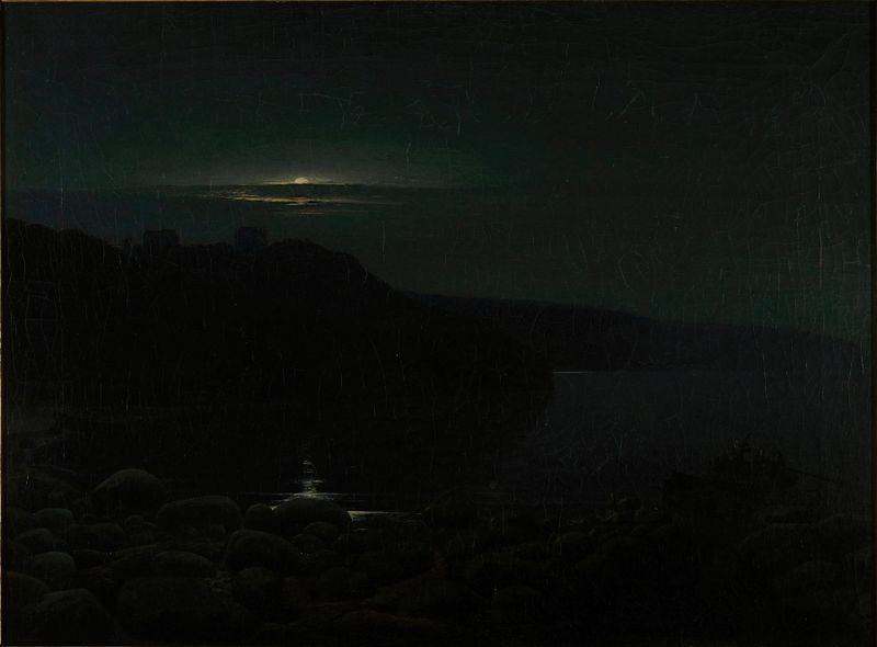 Hammershus in the Moonlight by Holger Drachmann, oil painting depicting ruins under moonlight