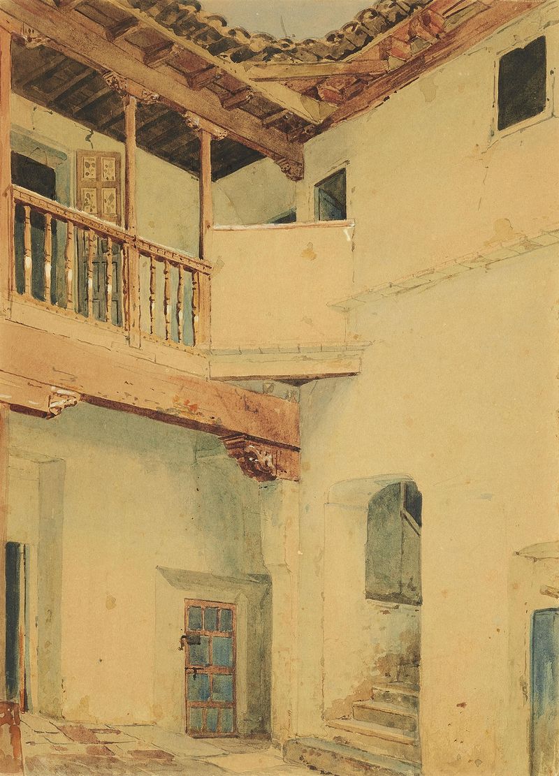 Interior scene of a courtyard with terracotta walls and sunlight filtering through foliage by Adolf Seel.