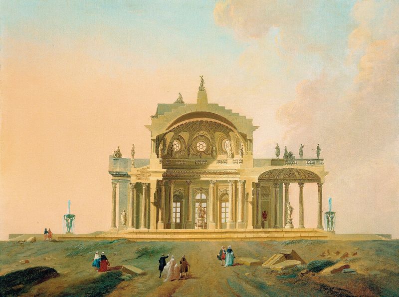 Fantastical Architectural Study With Figures by Pierre-Antoine Demachy, ink on paper