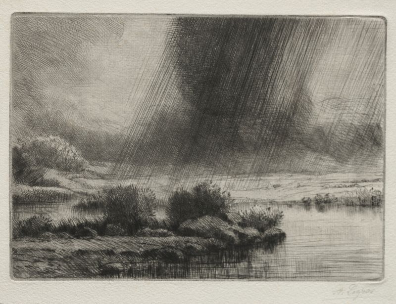 A Storm de Alphonse Legros, óleo sobre lienzo que representa nubes oscuras y luz en un paisaje tumultuoso.