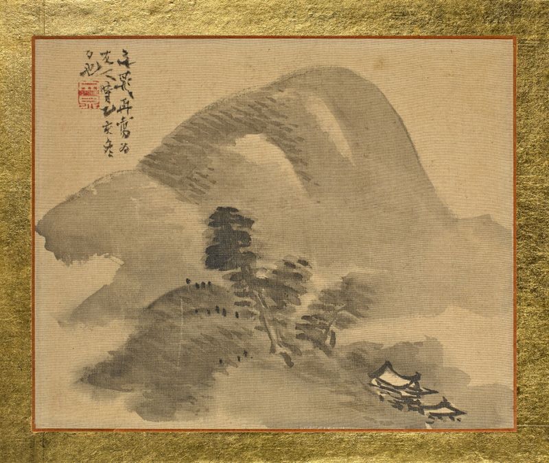 Mountain Landscape by Tani Bunchō, ink on paper depicting mountains and greenery under a pale sky