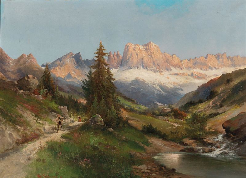 Paisaje de montañas escarpadas bajo un cielo tormentoso de Karl Kaufmann, pintura al óleo