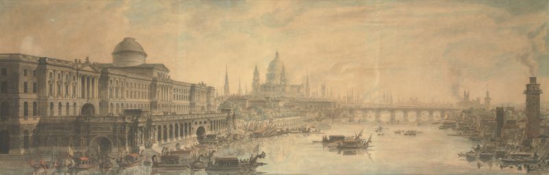 Somerset House, Saint Paul’s Cathedral and Blackfriar’s Bridge by Louis Jean Desprez, unknown medium