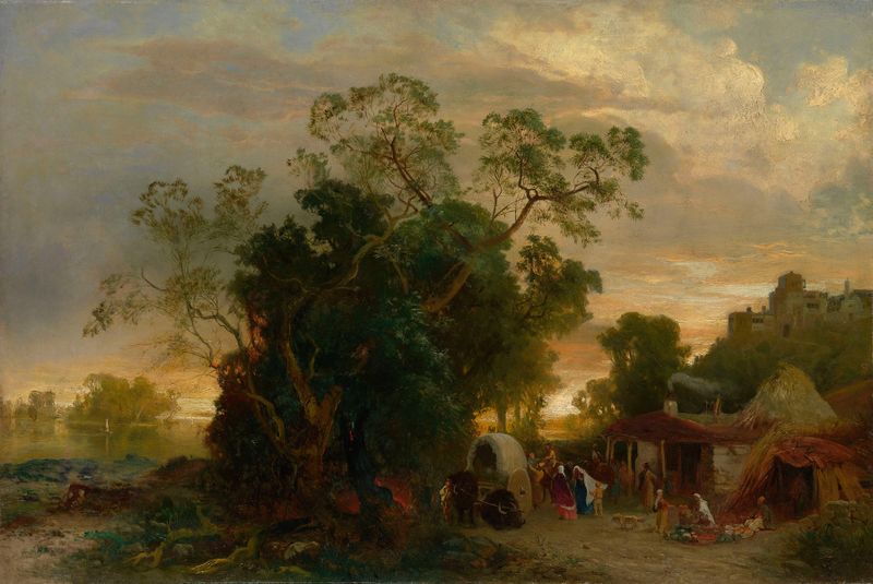 Settlement by a River, oil on canvas by Paul Franken depicting a serene landscape with a river and settlement.