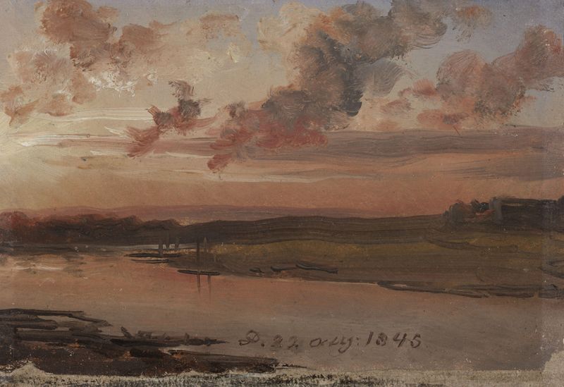O Elba ao Anoitecer, pintura a óleo de Johan Christian Dahl, retratando uma paisagem serena ao crepúsculo.