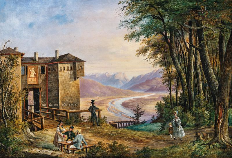 Genre scene depicting excursionists resting with a view of Lueg Pass, by Anton Reiffenstuhl
