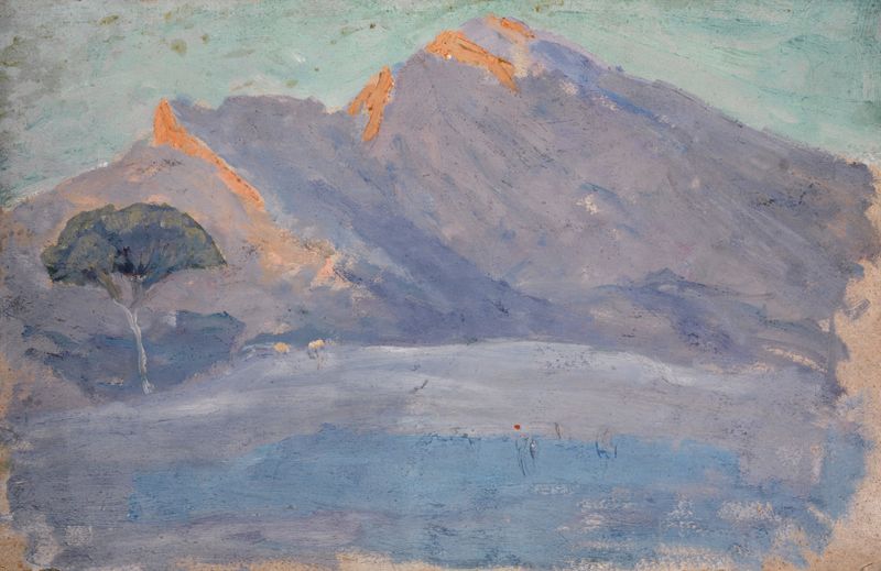 Paisagem de colinas iluminadas pelo brilho da noite, pintura a óleo de Ernst Schiess