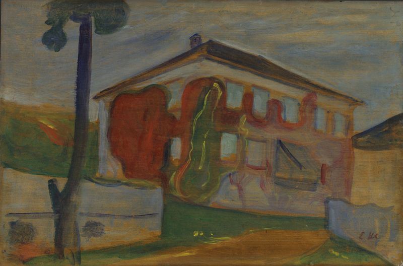 House with Red Virginia Creeper by Edvard Munch, oil painting depicting a house covered in red creeper vines