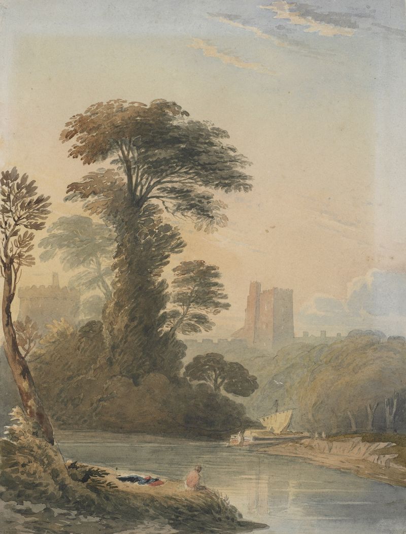 Watercolour by John Varley depicting a landscape view of the Thames near Windsor