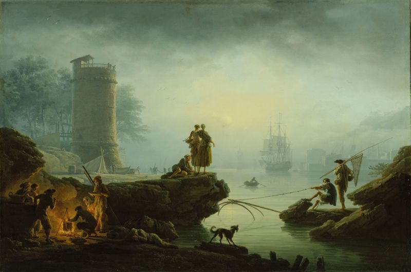 Morning de Claude-Joseph Vernet, óleo sobre tela representando o amanhecer com barcos em águas calmas