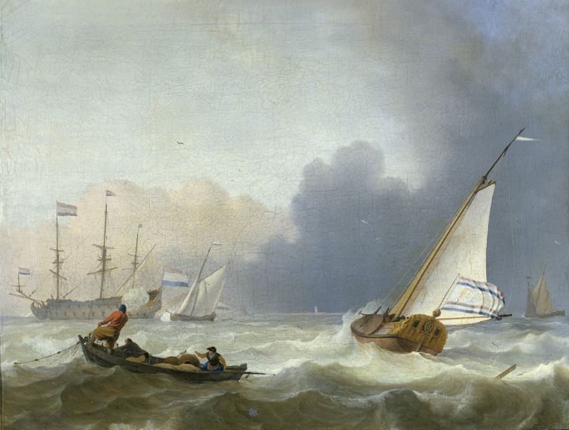 Rough Sea with a Dutch Yacht de Ludolf Backhuysen, óleo sobre lienzo que muestra un yate en medio de olas turbulentas