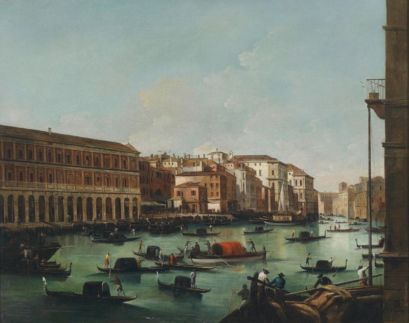 Venedig Canal Grande mit Fabbriche Nuove by Giuseppe Bernardino Bison, oil painting depicting a canal with buildings.