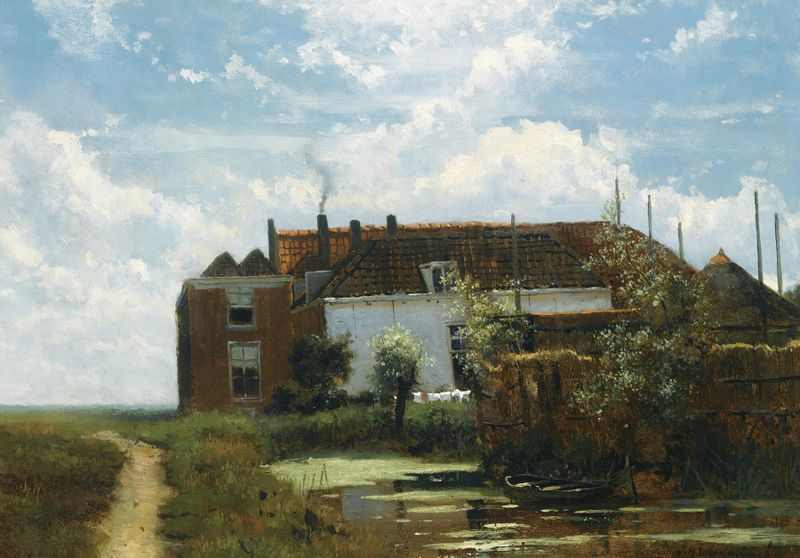 A Farm Along A Canal In A Polder Landscape, oil on canvas by Johan Hendrik Weissenbruch