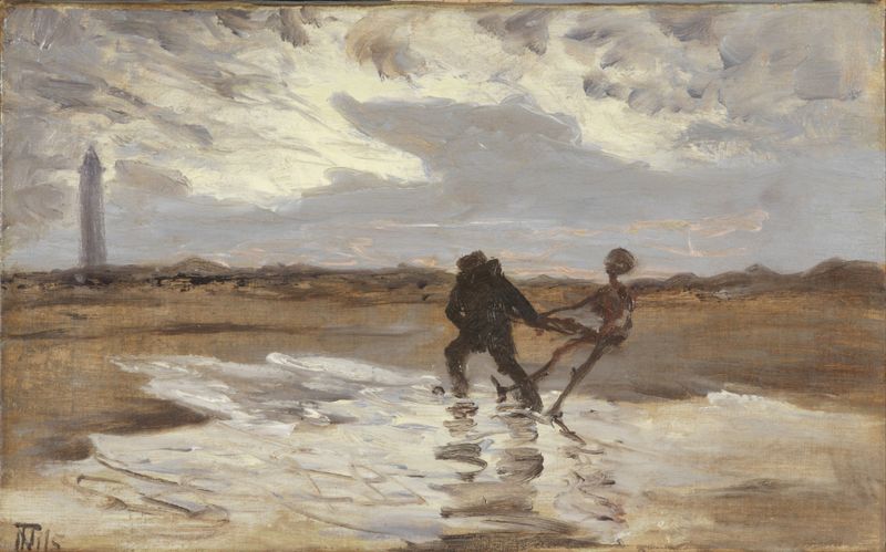 Pintura a óleo de Thorvald Niss mostrando uma figura espectral em ondas tumultuosas.