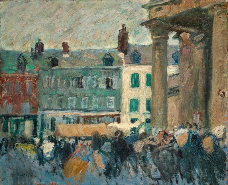 Cena de gênero representando uma rua movimentada em óleo sobre tela de Raoul Dufy