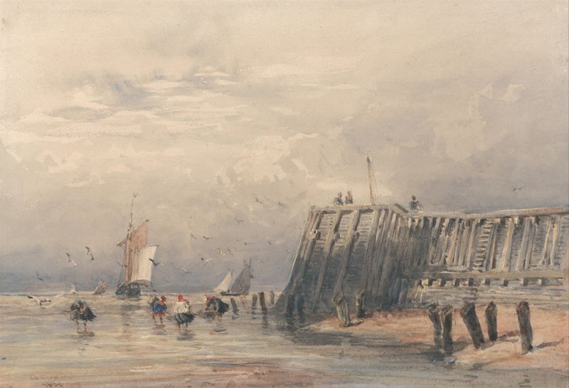 Sailing Barges and Shrimpers off a Pier, oil on canvas by David Cox