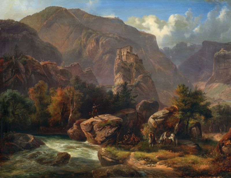 Schloss Salurn en Südtirol de Ludwig Neelmeyer, pintura al óleo que representa un castillo a la luz de la tarde.